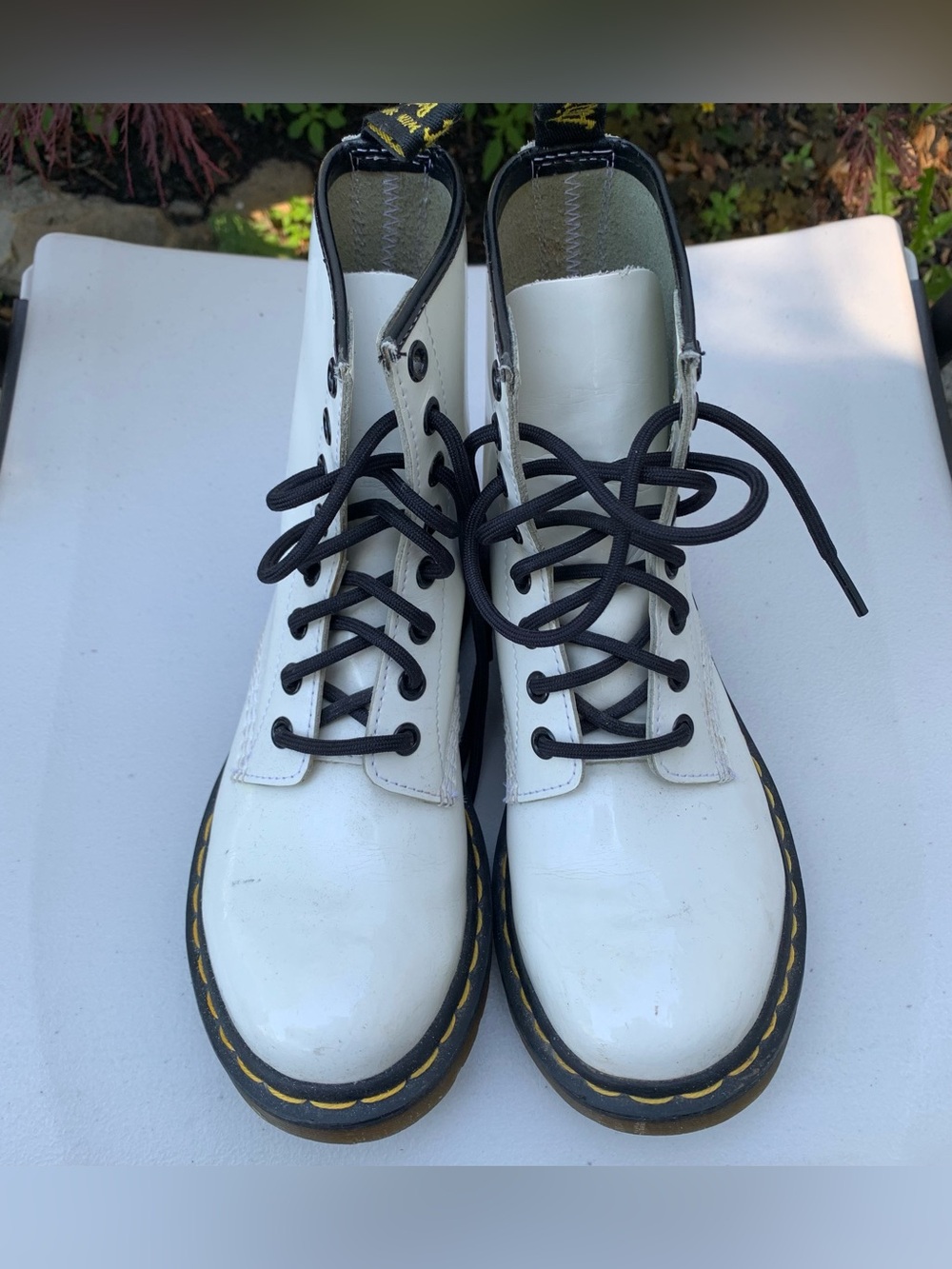 Dr. Martens White Patent Leather Lace-Up Ankle Boots with Black Laces Size 6